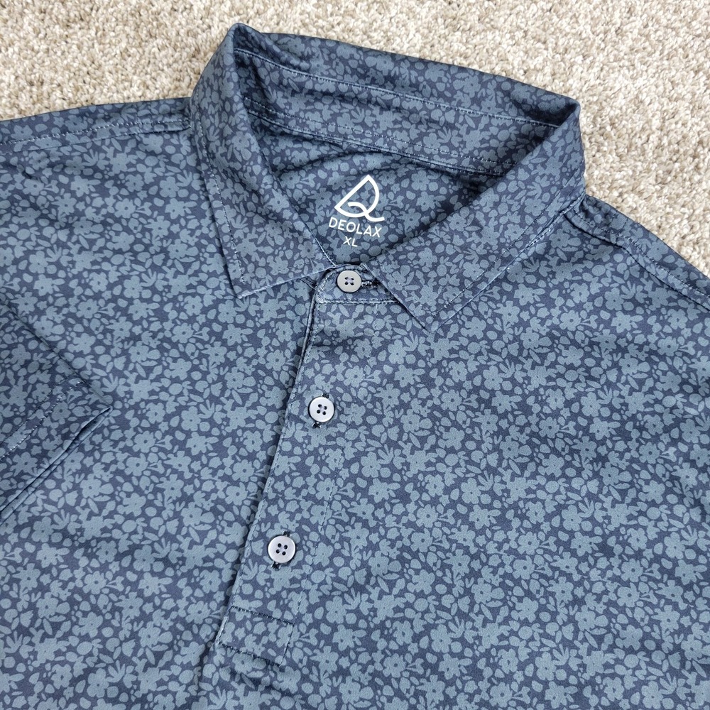 Deolax Mens XL Black Gray AOP Floral Performance‎ Stretch Golf Polo Short Sleeve